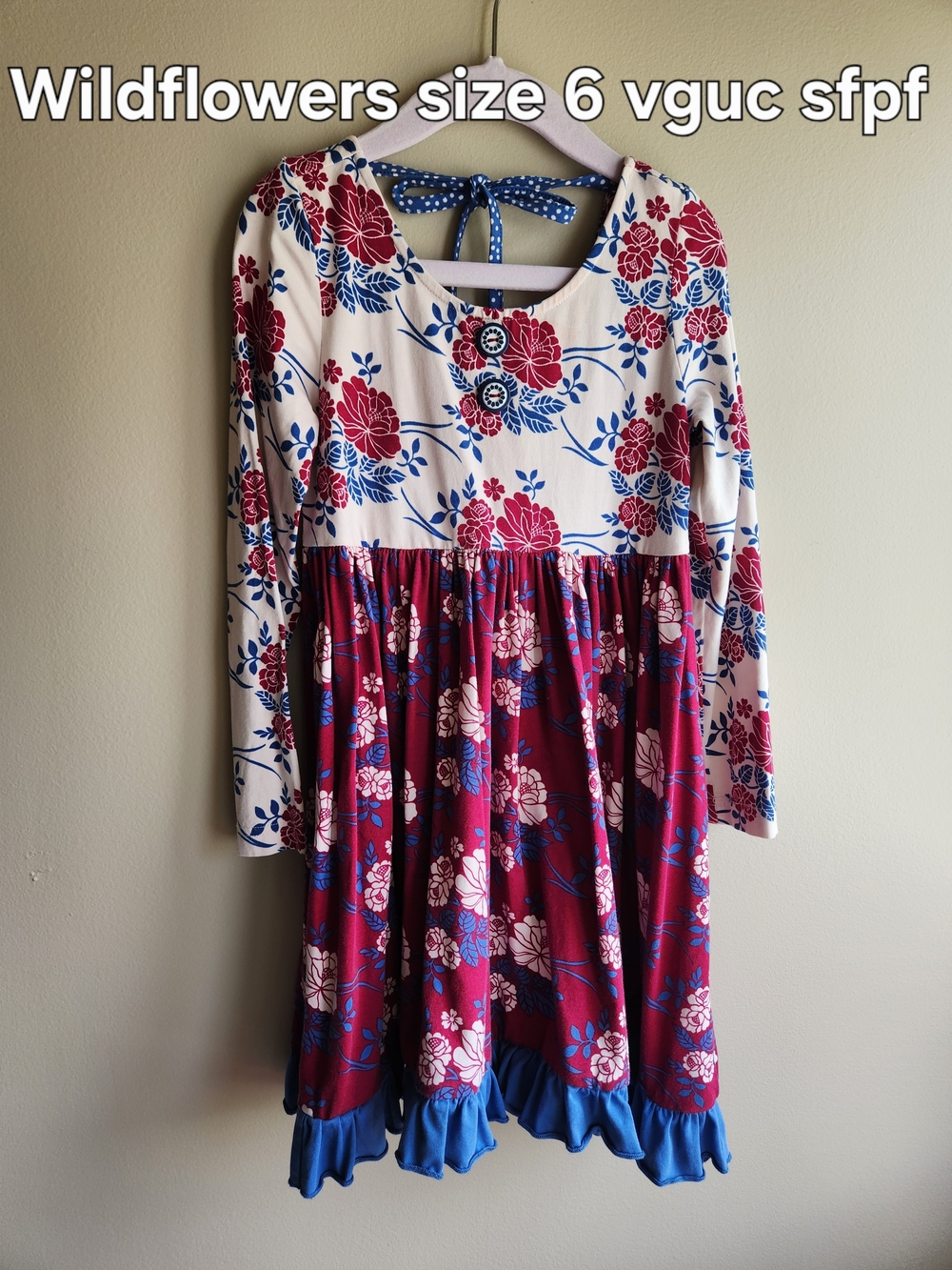 Wildflowers Girls Floral Long-Sleeve Dress - Red, Cream & Blue